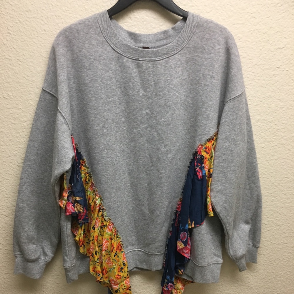 Free People Gray Sweatshirt with Floral Accents